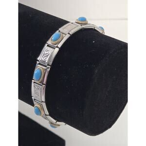 Vintage Avon Silver Gold Tone Italian Style Stretch Charm Bracelet Faux turquois